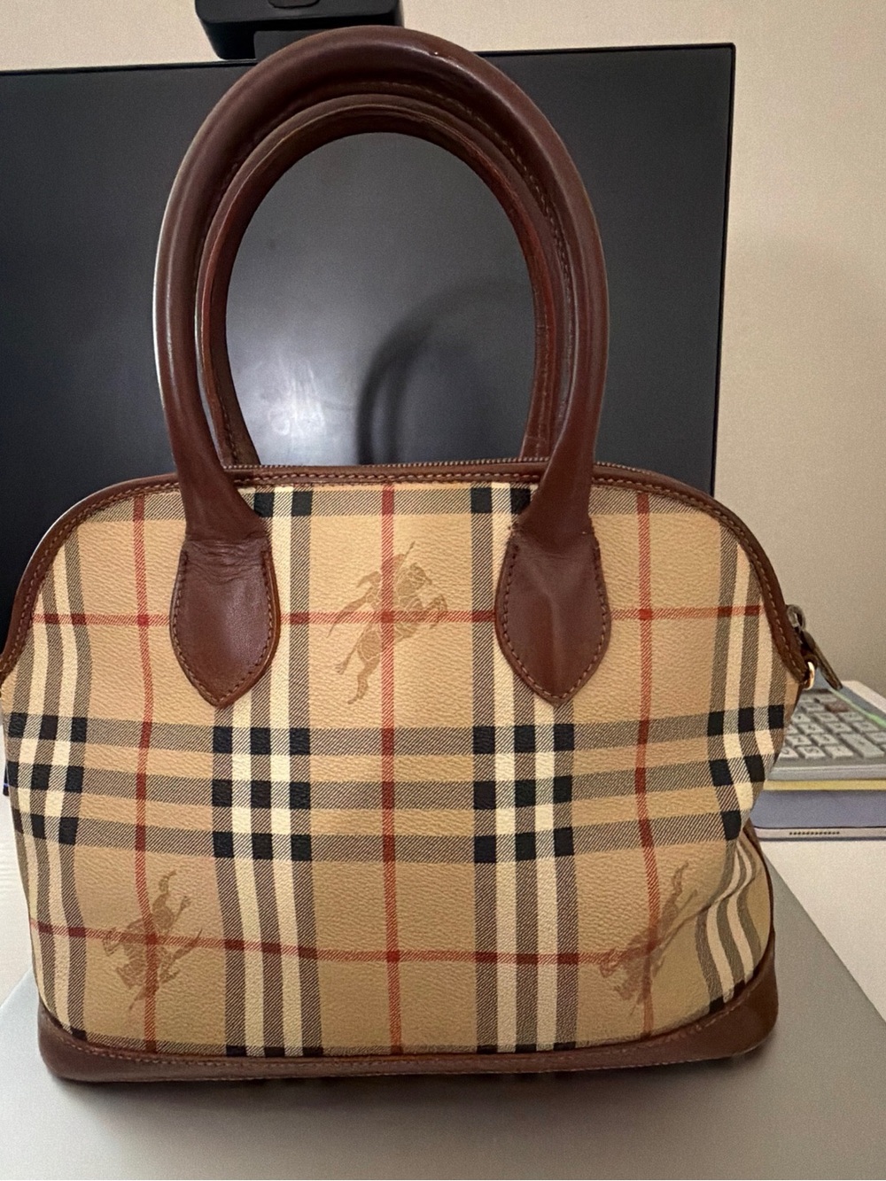 Authentic Burberry Tan Plaid Satchel with Brown Leather Trim